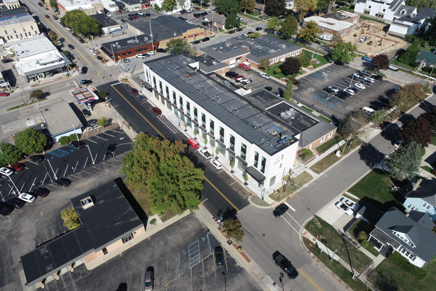 An aerial view of the completed Hotel Rose in downtown Rockford, Michigan