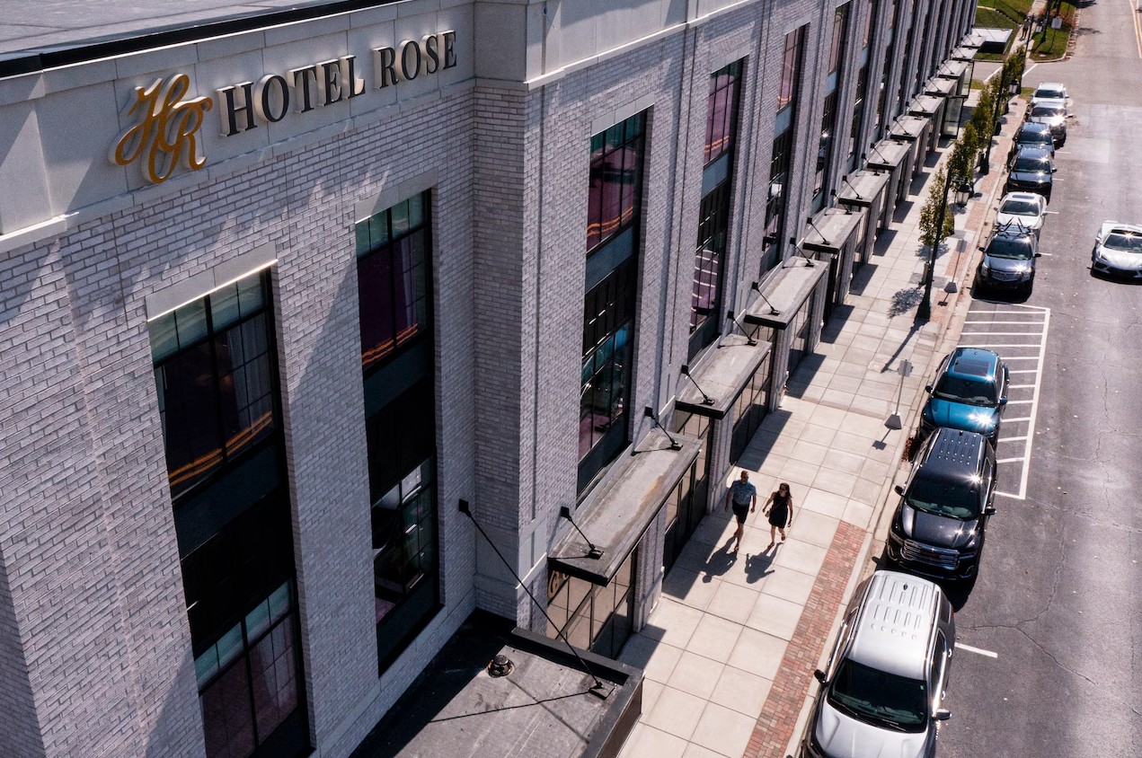Aerial view of Hotel Rose streetscape