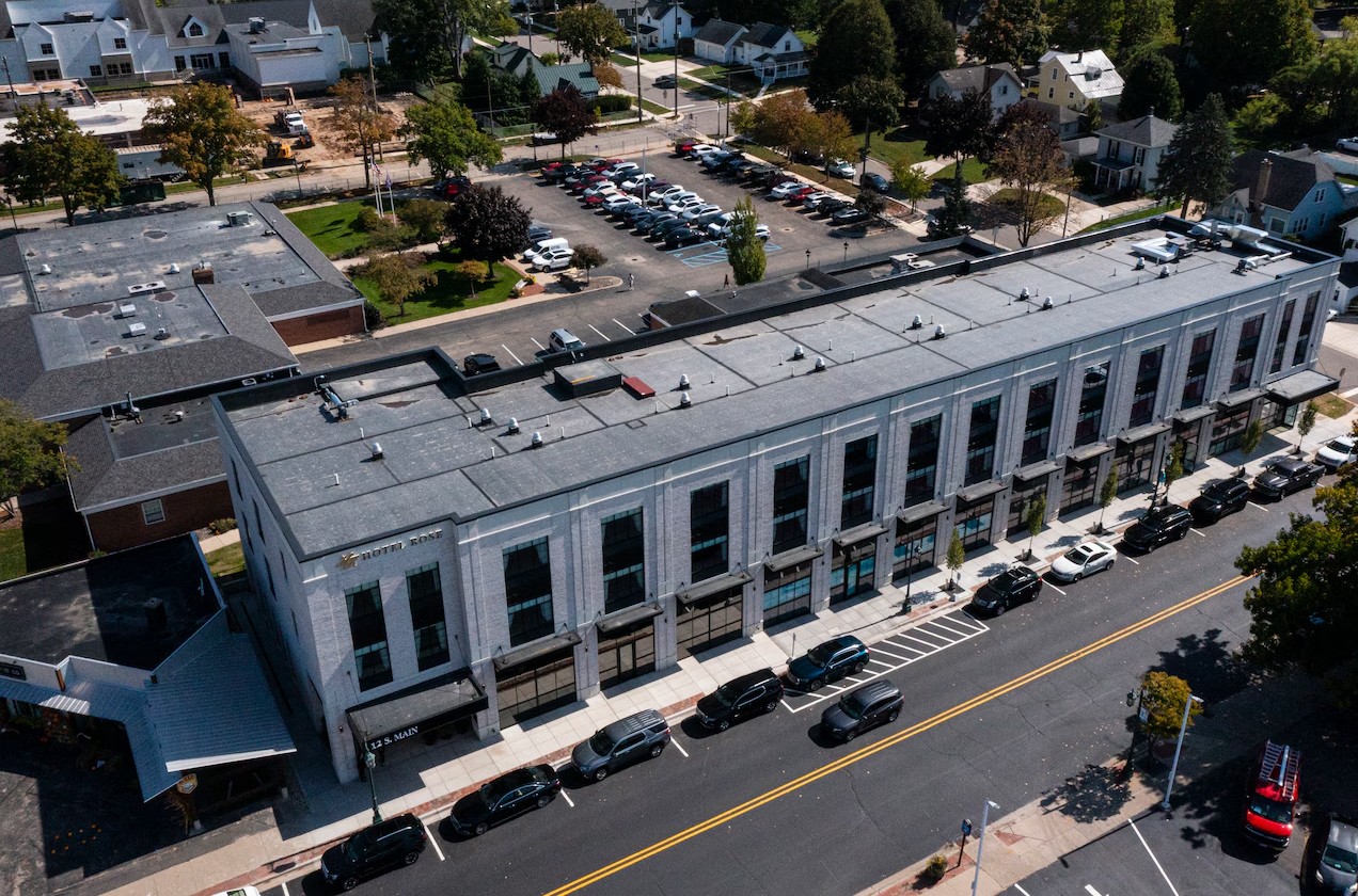 Aerial view from across the street of Hotel Rose
